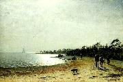 Eugene Jansson kustlandskap med figurer och hund pa sandstrand oil painting